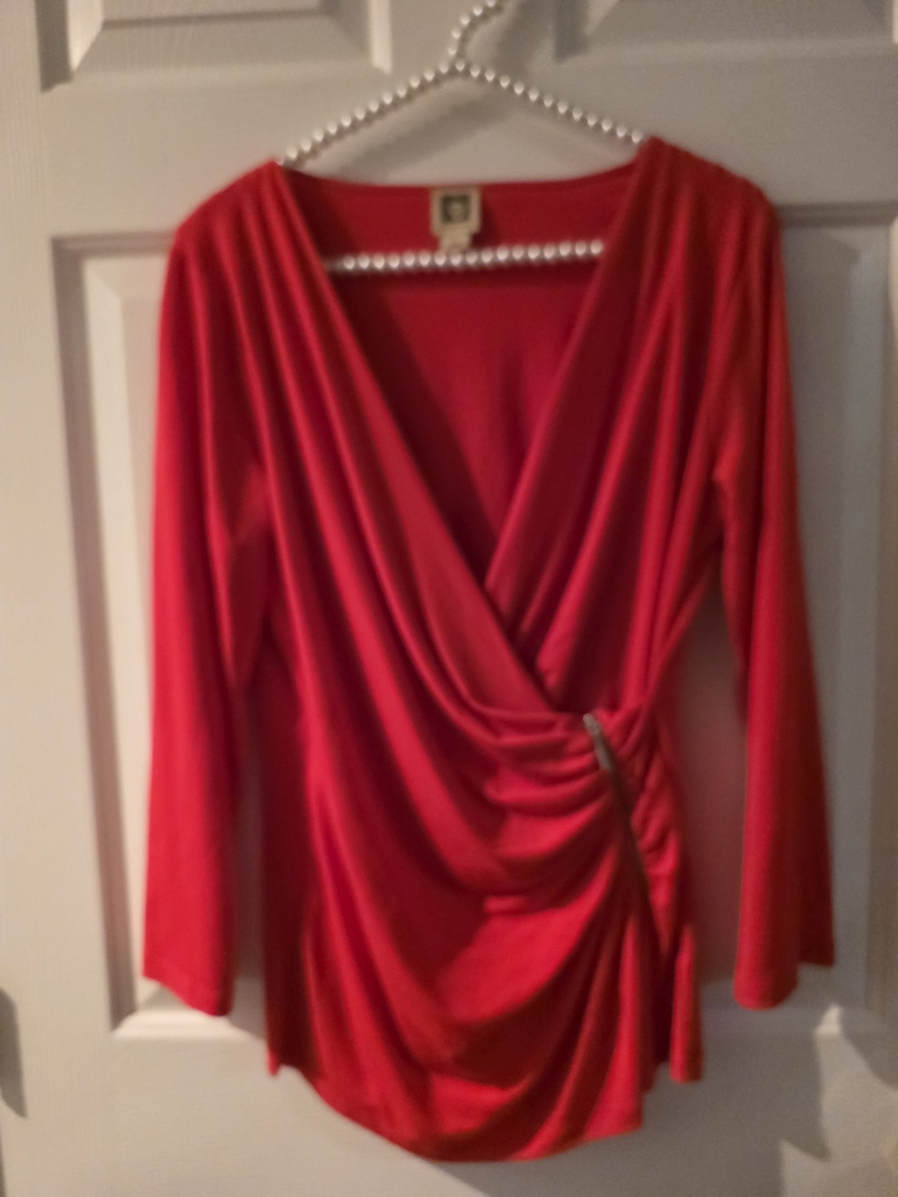 Anne Klein Red Draped Surplice Long-Sleeve Top